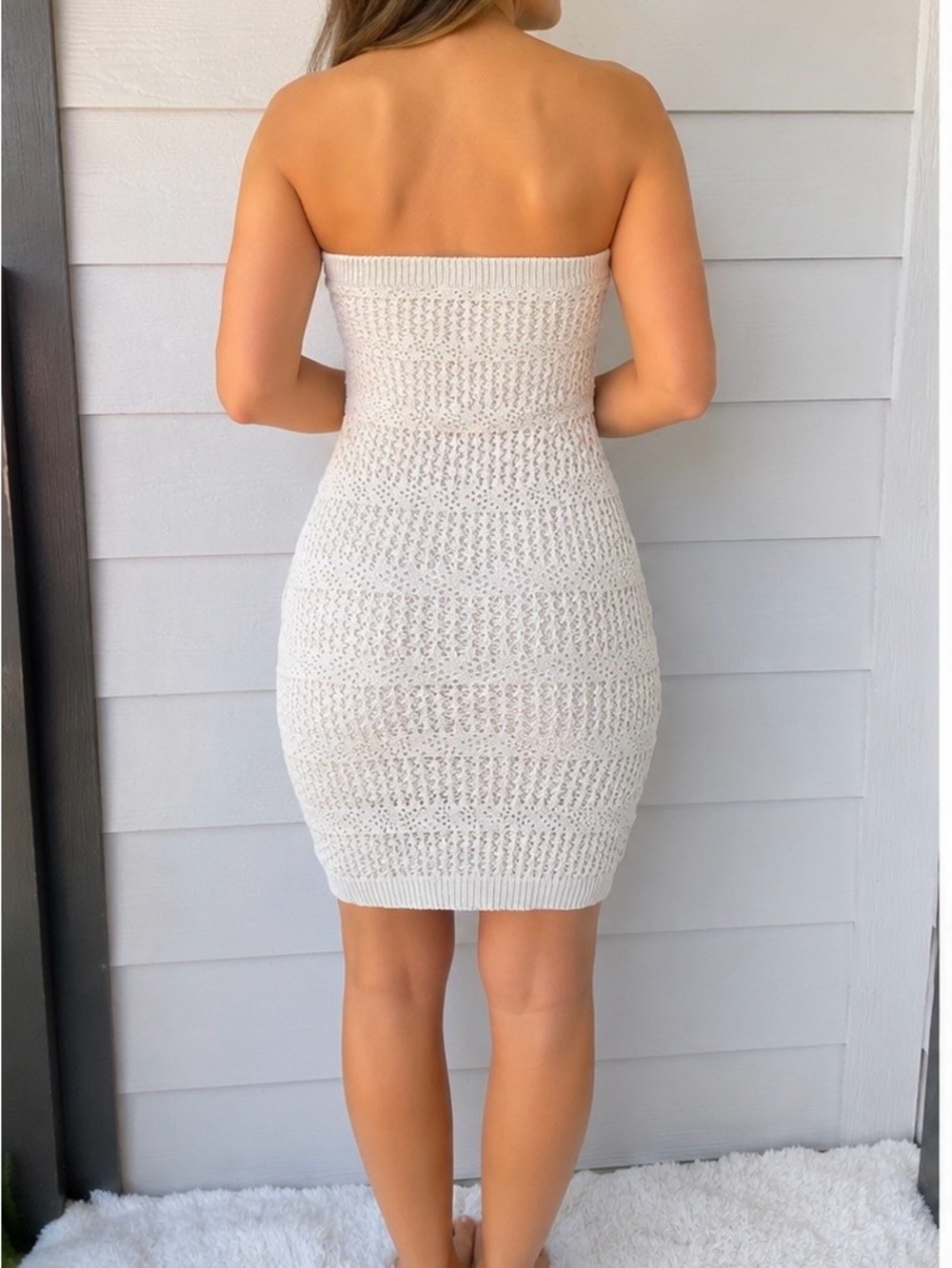 Freshman Strapless Crochet Bodycon Dress - Cream - Picture 2 of 4